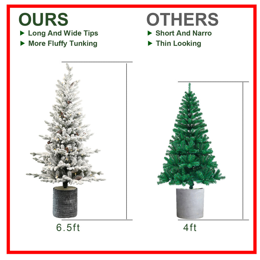 2FT 3FT 4.5FT 6.5FT Pre-lit Potted Flocked Christmas Tree, Snow Frosted Mini Tabletop Artificial Christmas Tree With LED Lights And PE & PVC Branch Tips For Front Door, Porch, Indoor And Outdoor