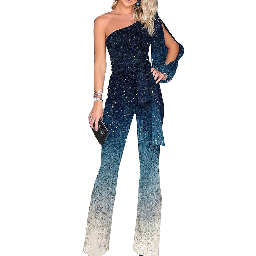 Women's Gradient Print Diagonal Collar Long Sleeve One-piece