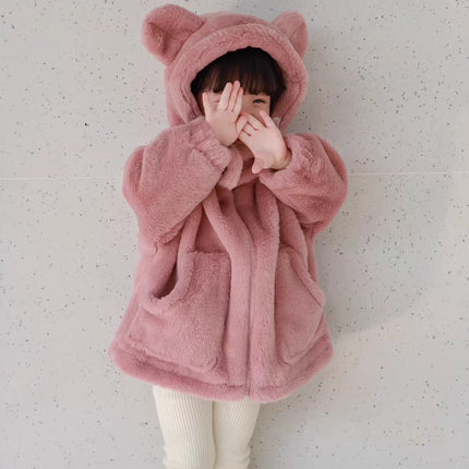 Bear Hooded Plush Cotton-padded Coat Thickened Warm Mid-length Jacket