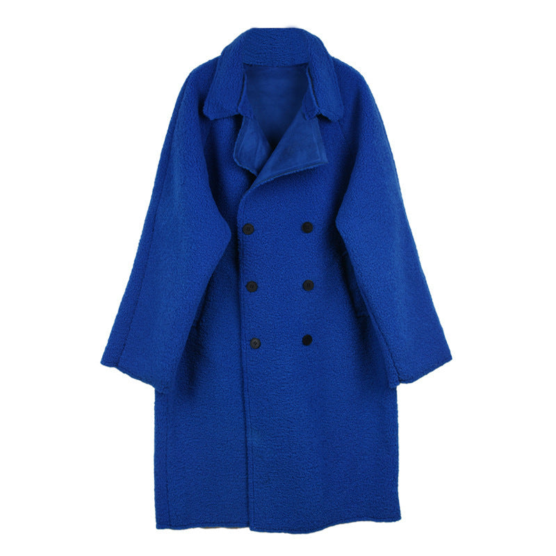 Fur Integrated Lamb Wool Medium Length Thickened Blue Coat