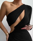 One-shoulder Long Sleeve Waist-baring Dress Women