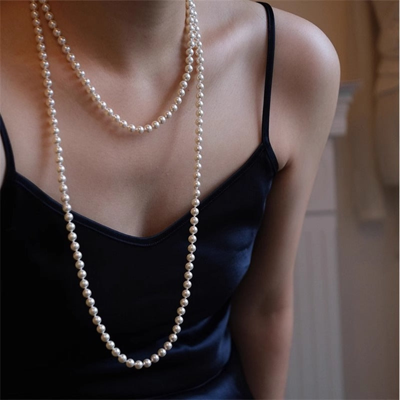 Vintage Double Deck And Multi-layer Twin Perfect Circle Long Pearl Necklace