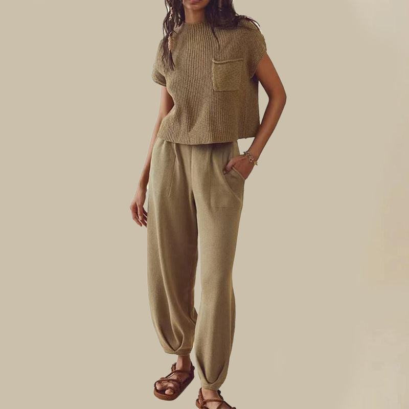 Women's Casual Two Piece Outfits With Pockets Sleeveless Top And Loose Pants Fashion Tracksuit Lounge Sets