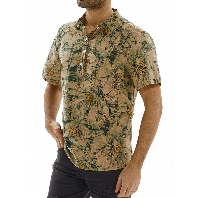 Fashionable Retro Pattern Half-open Stand Collar Short Sleeve Shirt