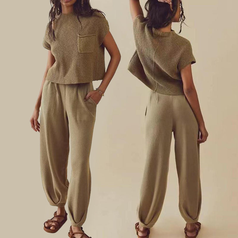Women's Casual Two Piece Outfits With Pockets Sleeveless Top And Loose Pants Fashion Tracksuit Lounge Sets