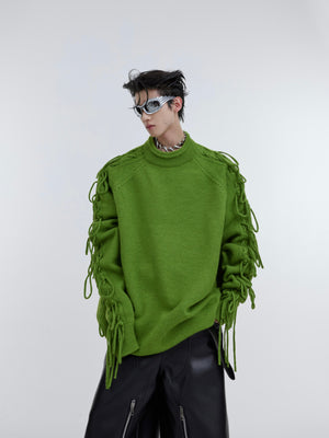 Deconstructed Fringe Design Crease Crease Neck Knit Sweater