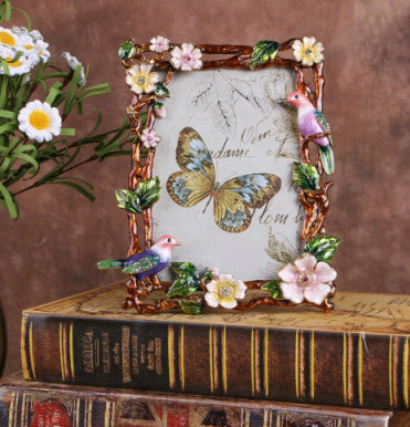 Creative Enamel Colored Metal Photo Frame With Flower And Bird Photo Frame