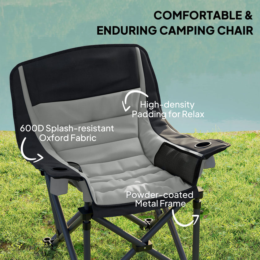 Camping Chair For Adults, Portable Folding Camping Chair With Side Pockets, Cup Holders, Carry Bag, Black And Gray