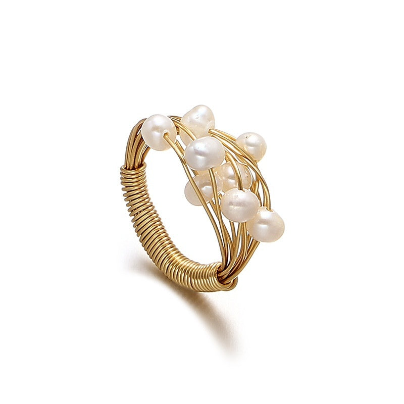 Retro Elegant Brass Plated 18K Real Gold Natural Pearl Ring