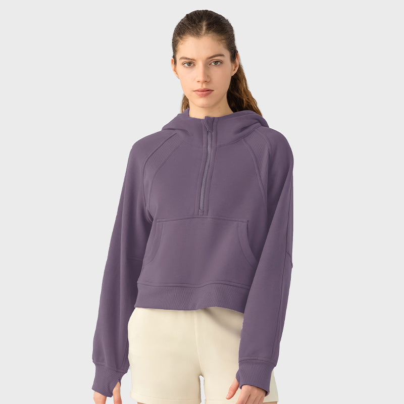 Hoodie Half Zipper Sweater Women's Short Casual Loose All-Match Sports Top