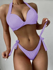 Solid Color Neck Bikini Strap Split Hard Cup Crimp Swimsuit