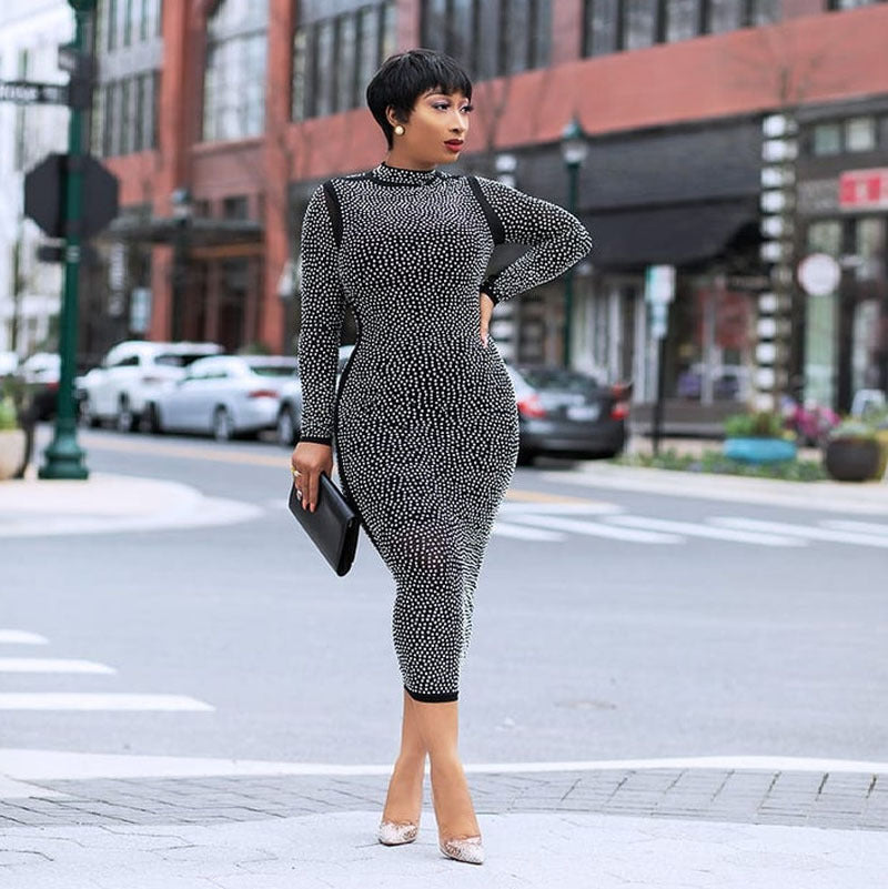 Long Sleeve Net Yarn Hot Rhinestone Dress Nightclub Dress