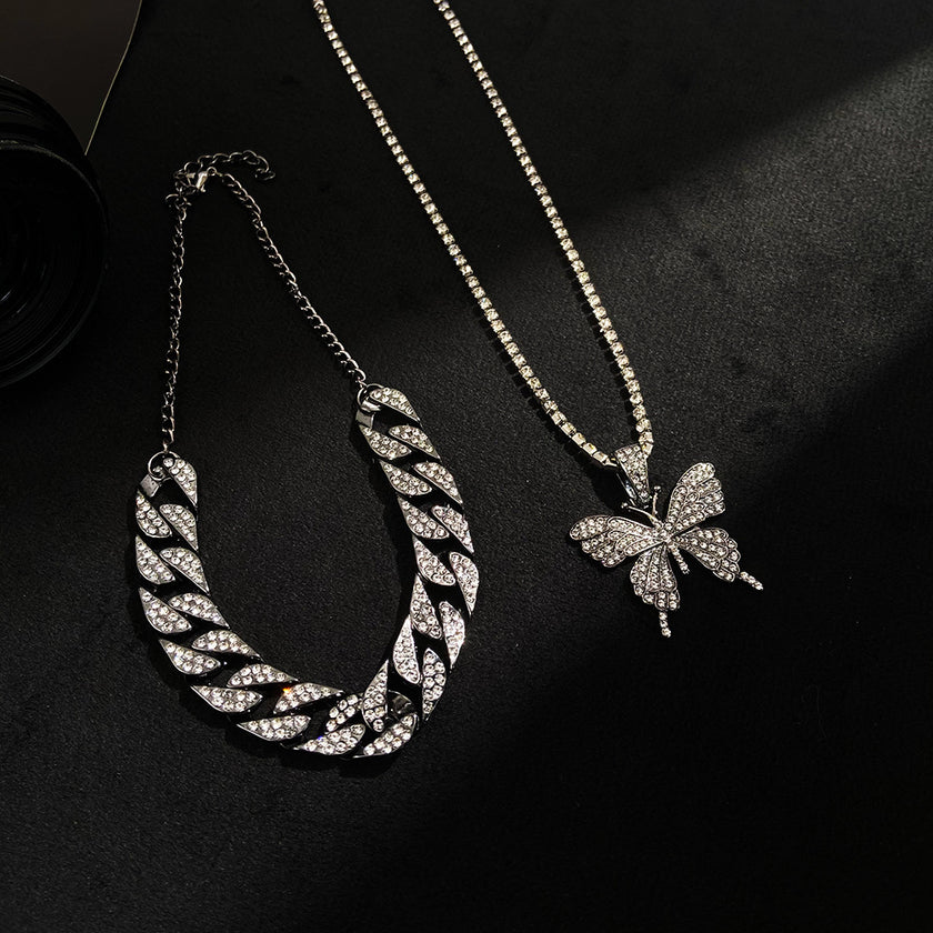 Alpcamers Double Layer Cuban Necklace Full Of Diamonds With Large Butterflies