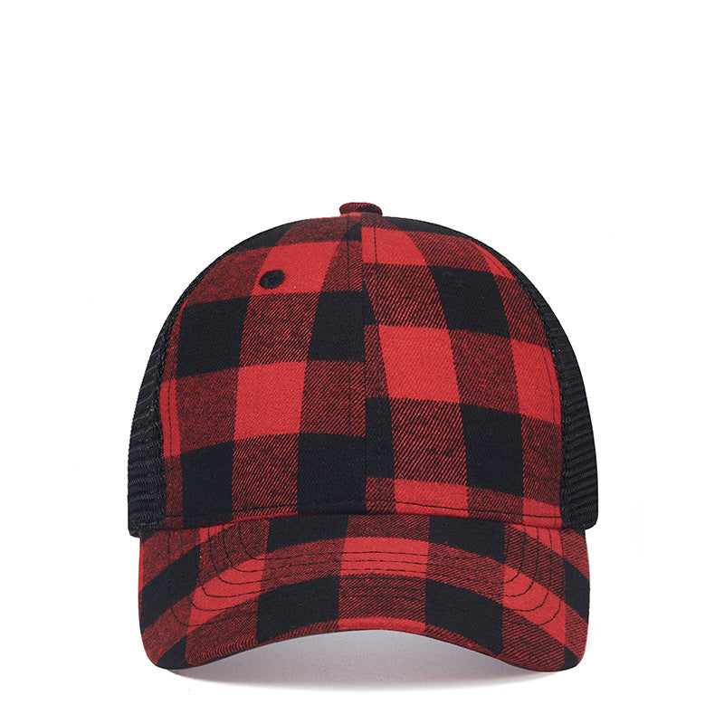 Women's Baseball Korean Style Wild Black And Red Plaid Curved Brim With Mesh Cap