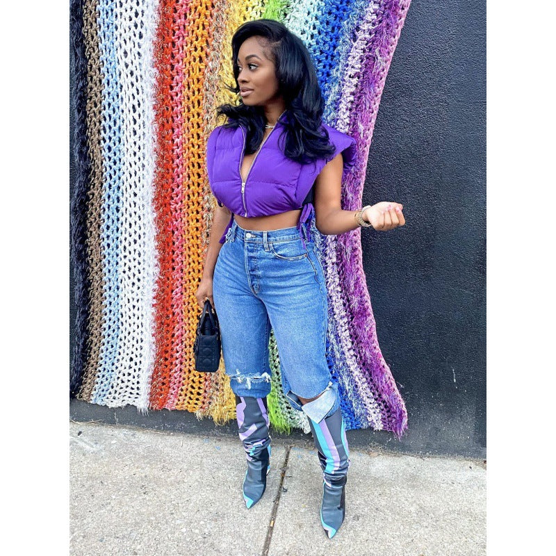 Hooded Side Leak Sleeveless Lace Up Short Vest