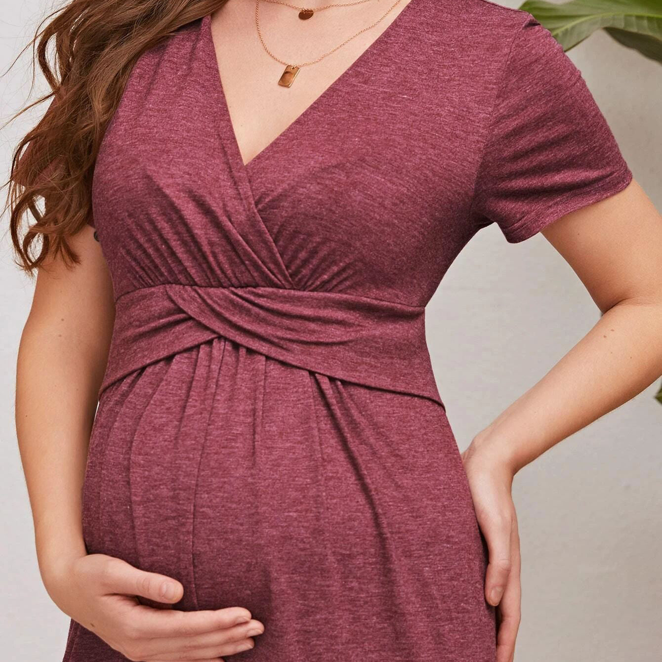 Red Long Skirt Short Sleeve Maternity Dress Breastfeeding Dress