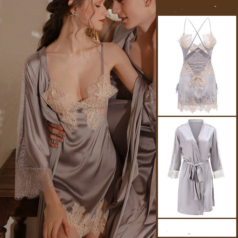 Sexy Pajamas Women Summer Ice Silk Thin Lace Suspenders Nightdress Suit Flirting Temptation