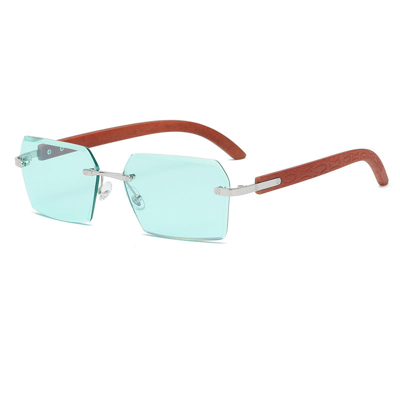 Vintage Wood Grain Temples Cut-Edge Crystal Statement Square Sunglasses