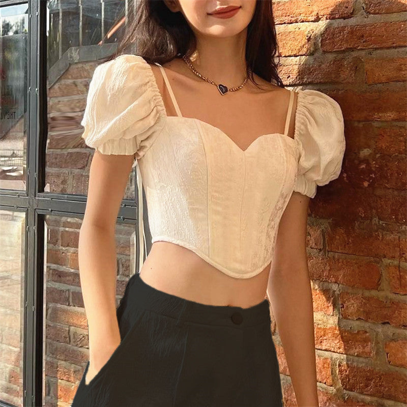 Summer French Style Square Collar Back Bow Puff Short Sleeve Top