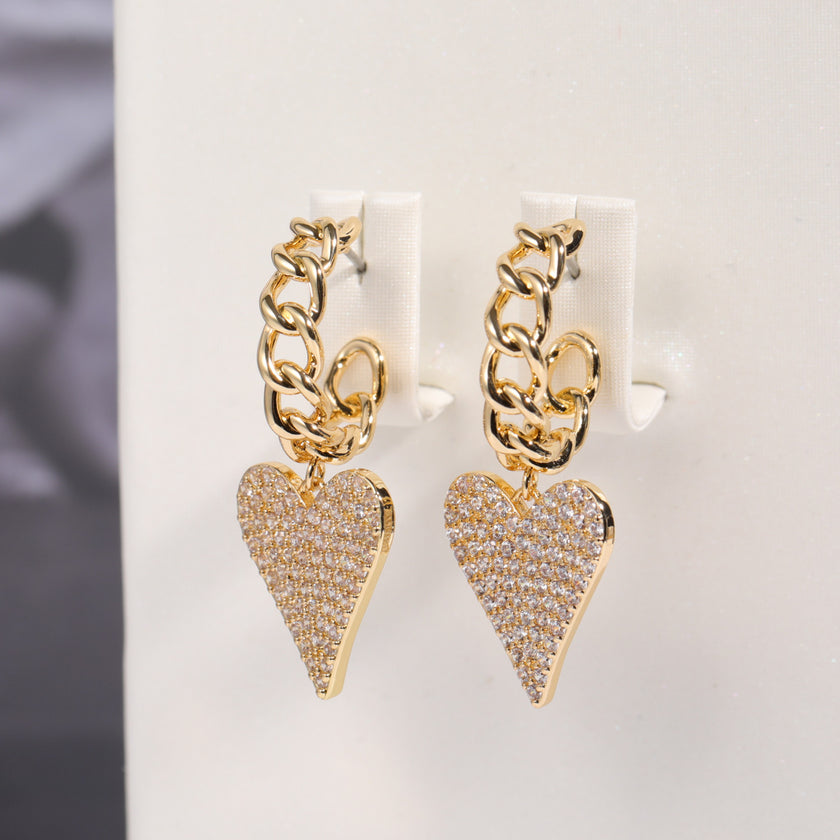 Copper Inlaid Zircon Long Peach Heart Earrings Chain Earrings Heart-shaped