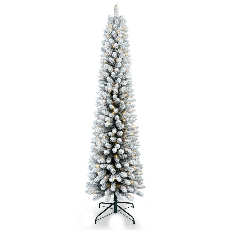 5FT 6FT 7FT Pre-Lit Flocked Pencil Christmas Tree, Artificial Fir Snow Slim Skinny Christmas Tree For Home, Office, Party Decoration WITH Branch Tips AND Warm White Lights, Metal Base