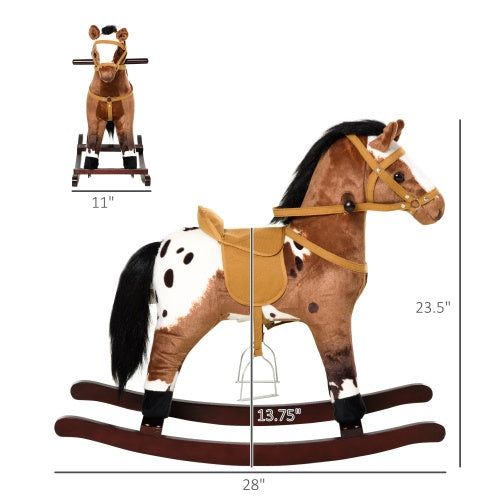 Qaba Kids Metal Plush Ride-On Rocking Horse Chair Toy With Realistic Sounds - Dark Brown White