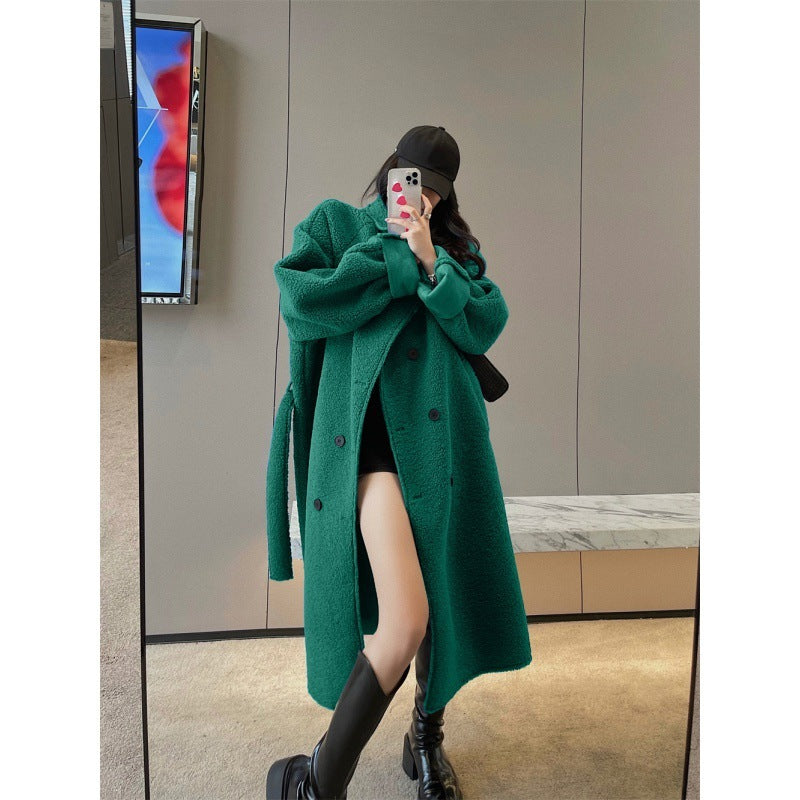 Fur Integrated Lamb Wool Medium Length Thickened Blue Coat