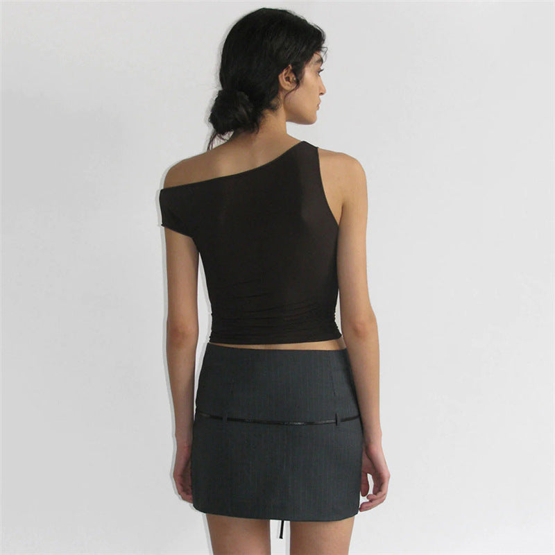 Women's Diagonal Collar Slim Fit Midriff-baring Solid Color Vest