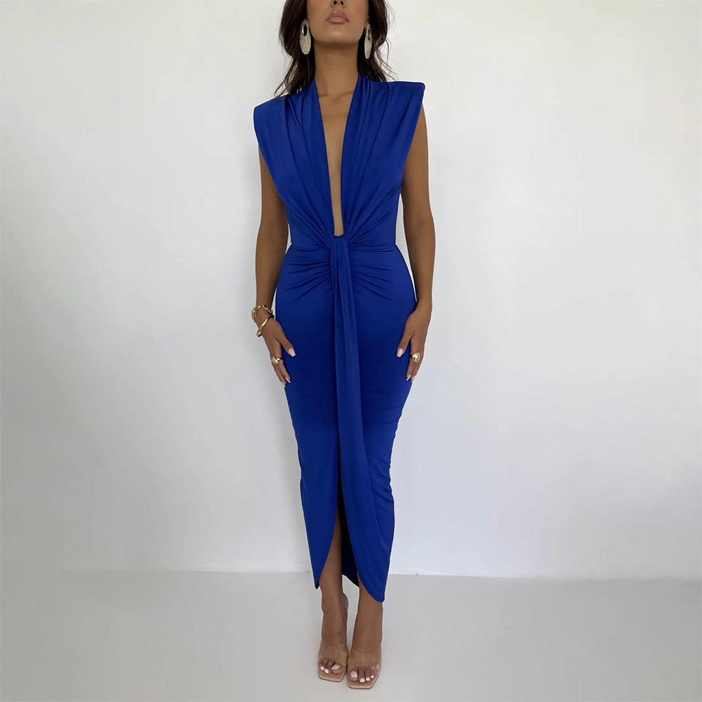 Pleated V-neck Autumn Women's Hot Girl Waist-slimming Long Dress