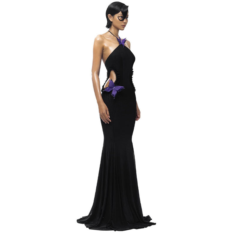 Off-shoulder Halter Butterfly Decoration Slim Fit Holiday Dress Women