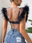 Women's Fashionable Slim-fit Diamond Super Shiny Ostrich Fur Rhinestone Fishnet Top