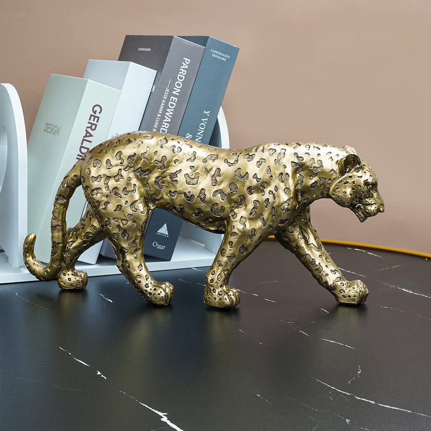 Cheetah Statue Home Decor Leopard Sculpture Resin Sitting Cheetah Figurine Desktop Table Top Ornament Decoration for Home Office-Gold Or Silver (Walking-Champagne Gold)