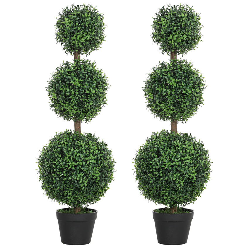 Set Of 2 Decorative Artificial Trees, Topiary Ball-shaped Boxwood Trees In Pot, Fake Plants For Home Indoor Outdoor Decor, 100cm, 3 Tree Balls
