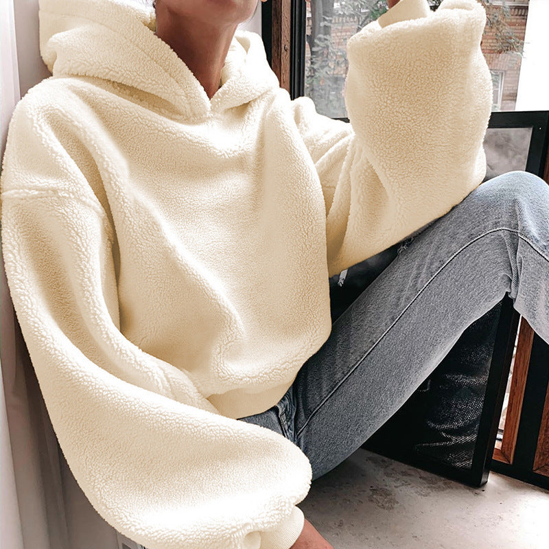 Solid color fur hooded loose coat