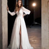 Long Puff Sleeve Tulle Wedding Dress With Side Slit A-Line Floor-length Lace Bridal Gown