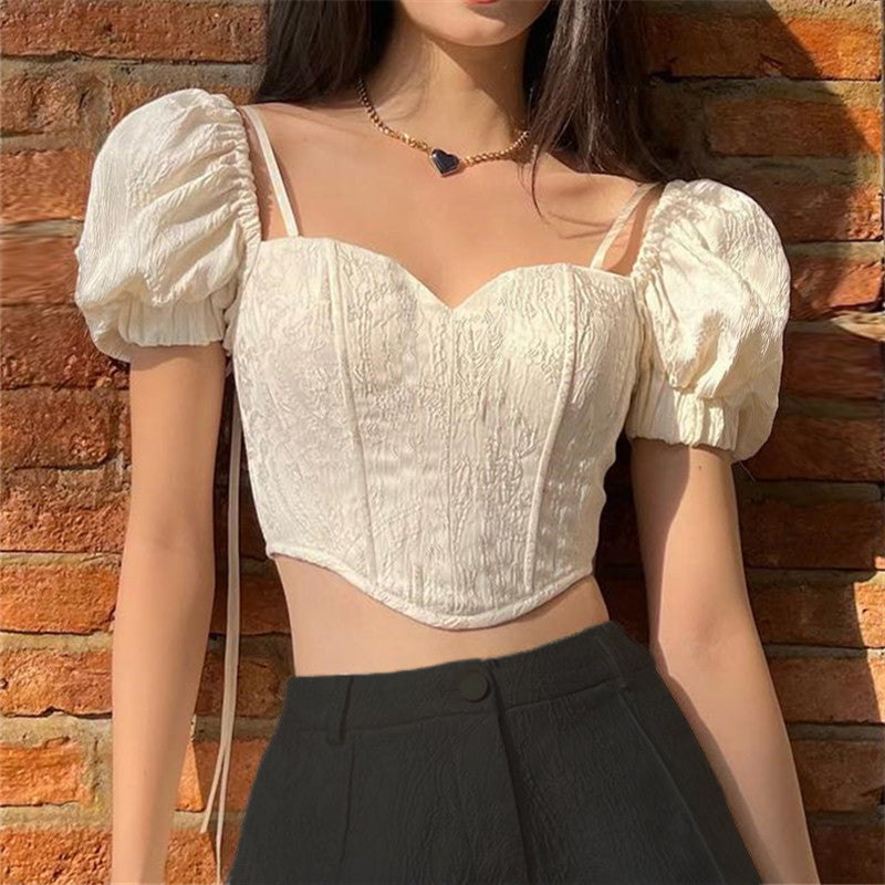 Summer French Style Square Collar Back Bow Puff Short Sleeve Top