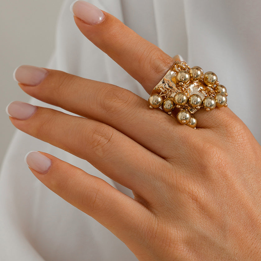 High Profile Retro Colorful Gemstone Pearl Tassel Ring For Women