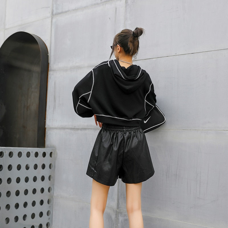 Women's Elastic High Waist Leather Shorts