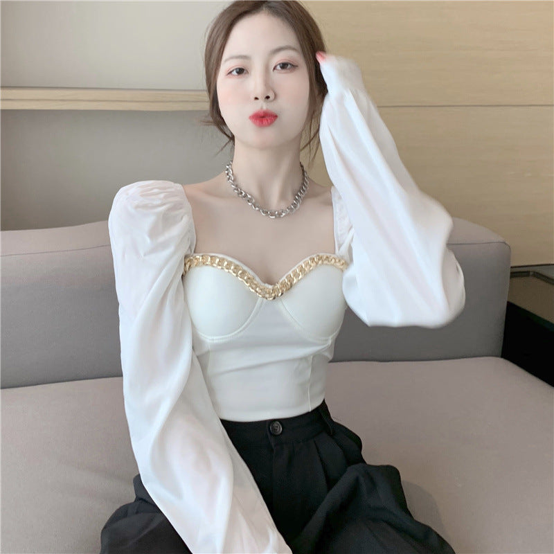 French Heart Machine Off-shoulder Chain Square Collar Top