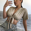 Solid Color Rope Wrapped Chest Short Sleeve Top For Women