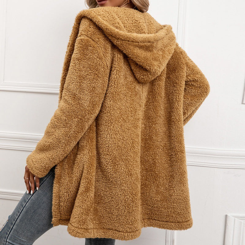 Lamb Wool Mid-length Cardigan Hooded Trench Coat