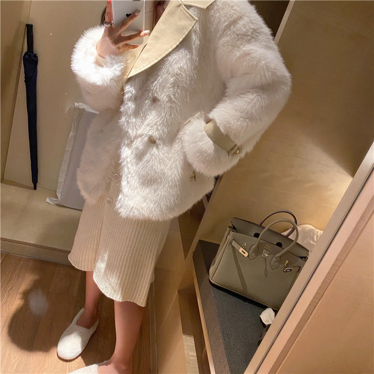 Gentle stitching leather for thin fur coat women