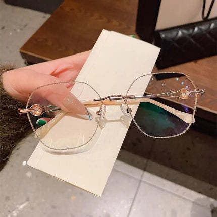 Champagne Gold Frameless Polygon Anti-blue Light Women's Reading Glasses
