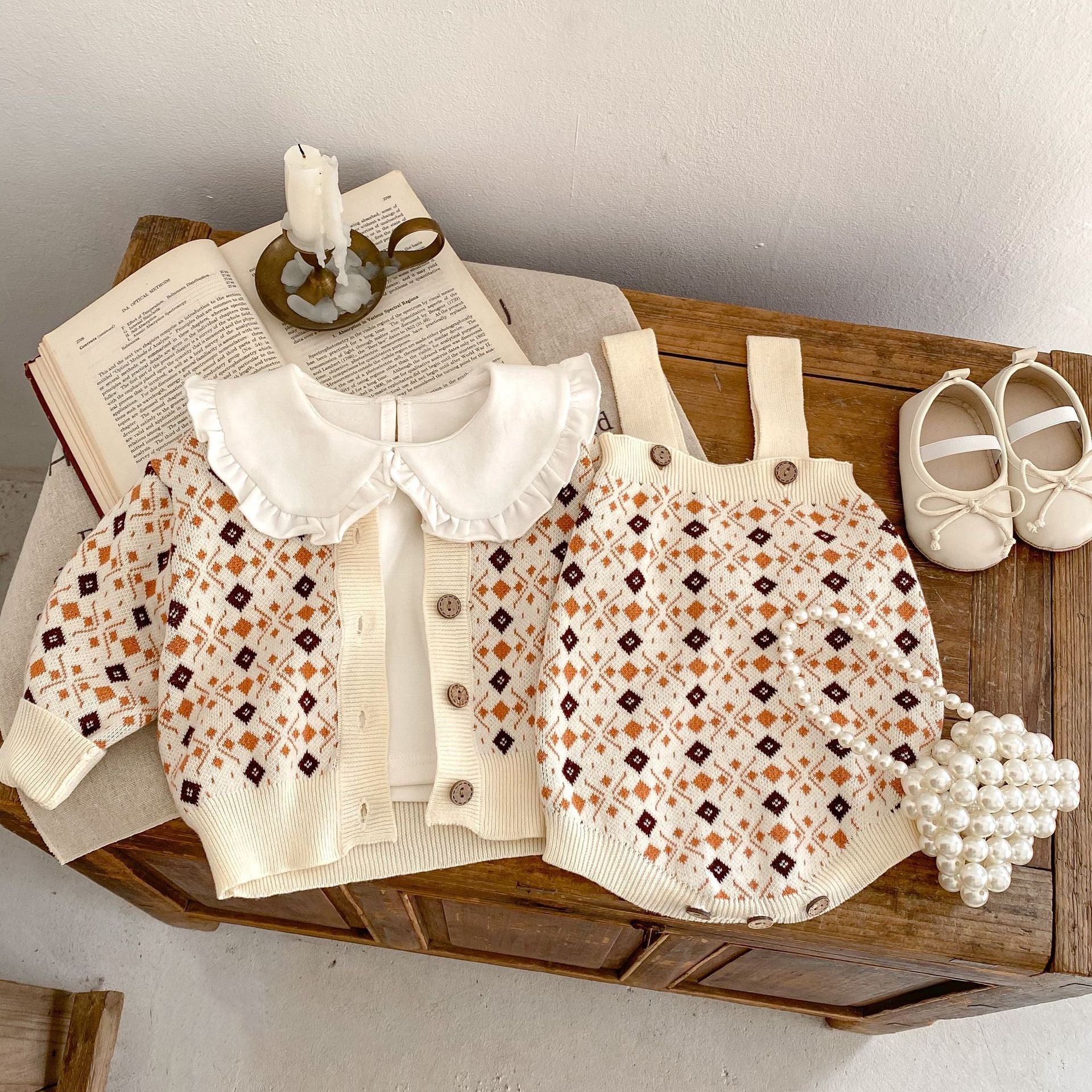 Rhombus Jacquard Knitted Coat Strap Rompers Jumpsuit Suit