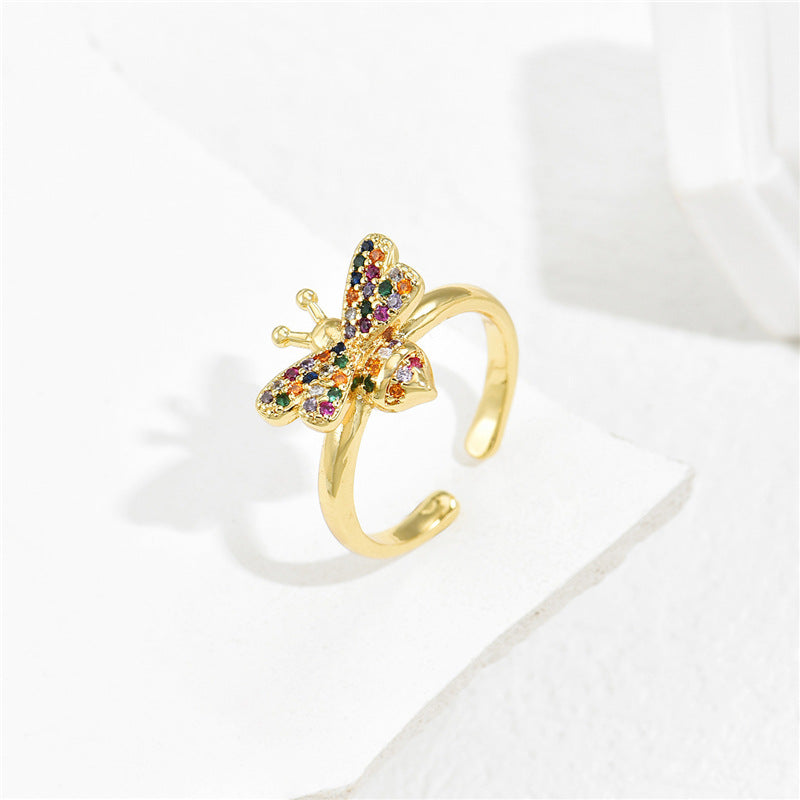 Copper Plated Real Gold Micro Inlaid Zircon Cute Little Bee Ring