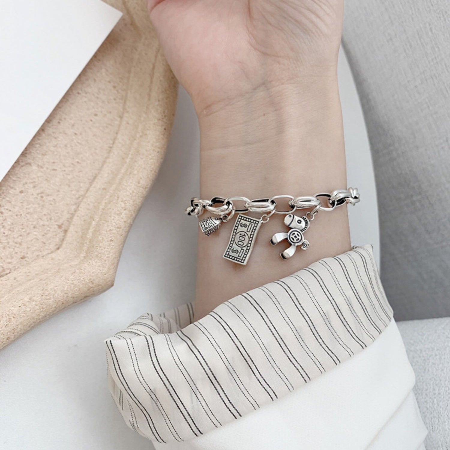925 Sterling Silver Vintage Bracelet Women's Ins Chic Pony Coin Bracelet