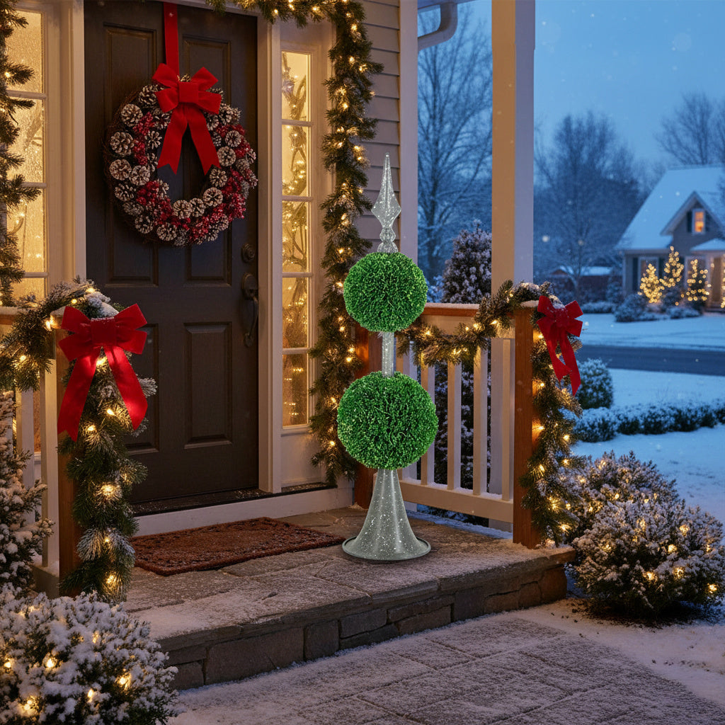 Artificial Tree Boxwood Topiary Two-Tier Natural Spheres D7x26.5in Artificial Plant Metal Stand Home Office Decor