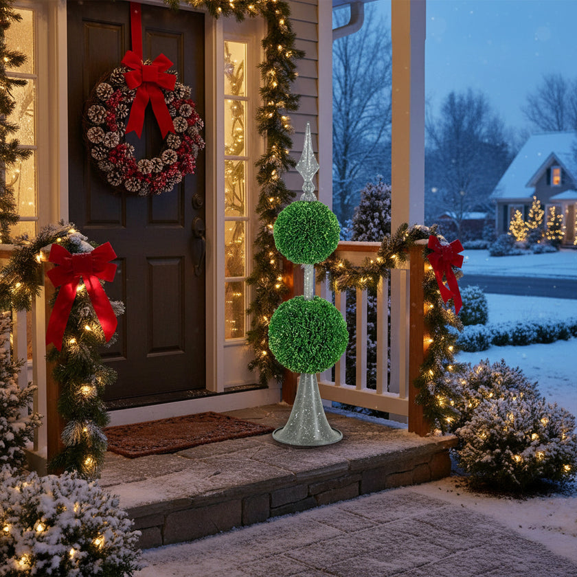 Artificial Tree Boxwood Topiary Two-Tier Natural Spheres D7x26.5in Artificial Plant Metal Stand Home Office Decor