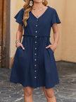 Button Butterfly Sleeve Cotton Linen With Pocket Beach Dress