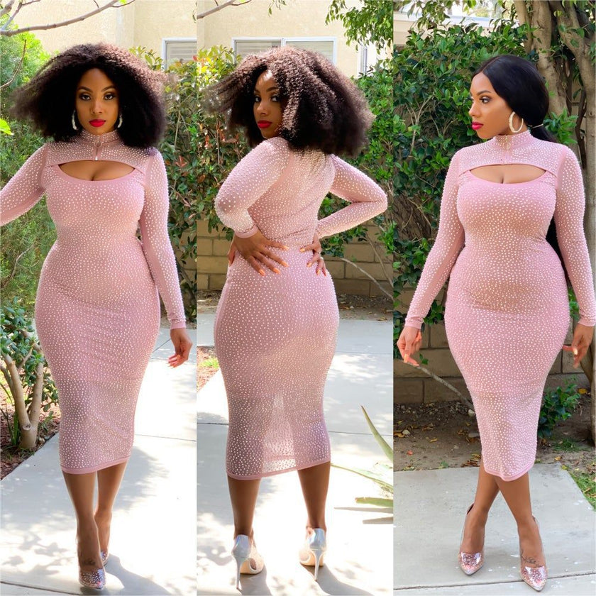Long Sleeve Net Yarn Hot Rhinestone Dress Nightclub Dress